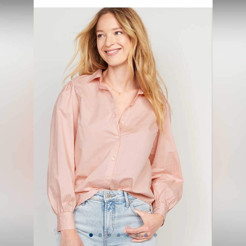 OLD NAVY Salmon Pink Long-Sleeve Smocked Cotton Poplin Button Down Blouse Shirt